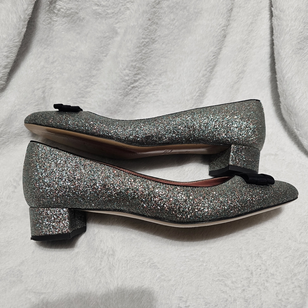 Bally Beki Glittered Leather Block Kitten Heel designer shoes Size 7